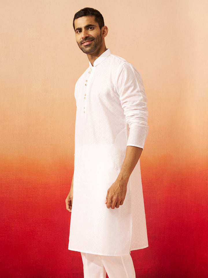 Men White Cotton Geometric Jacquard Kurta