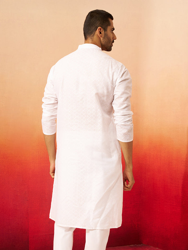 Men White Cotton Geometric Jacquard Kurta