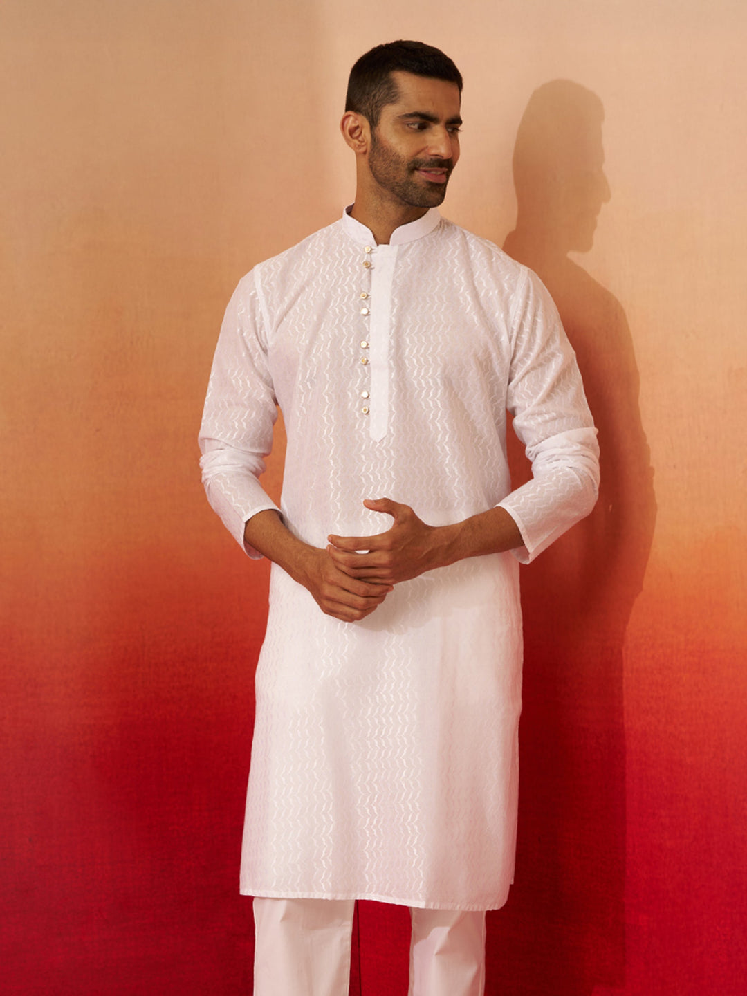 Men White Cotton Wave Pattern Jacquard Kurta