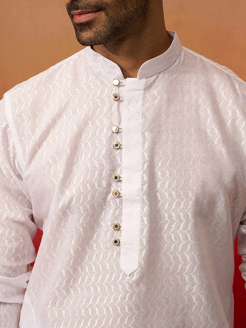 Men White Cotton Wave Pattern Jacquard Kurta