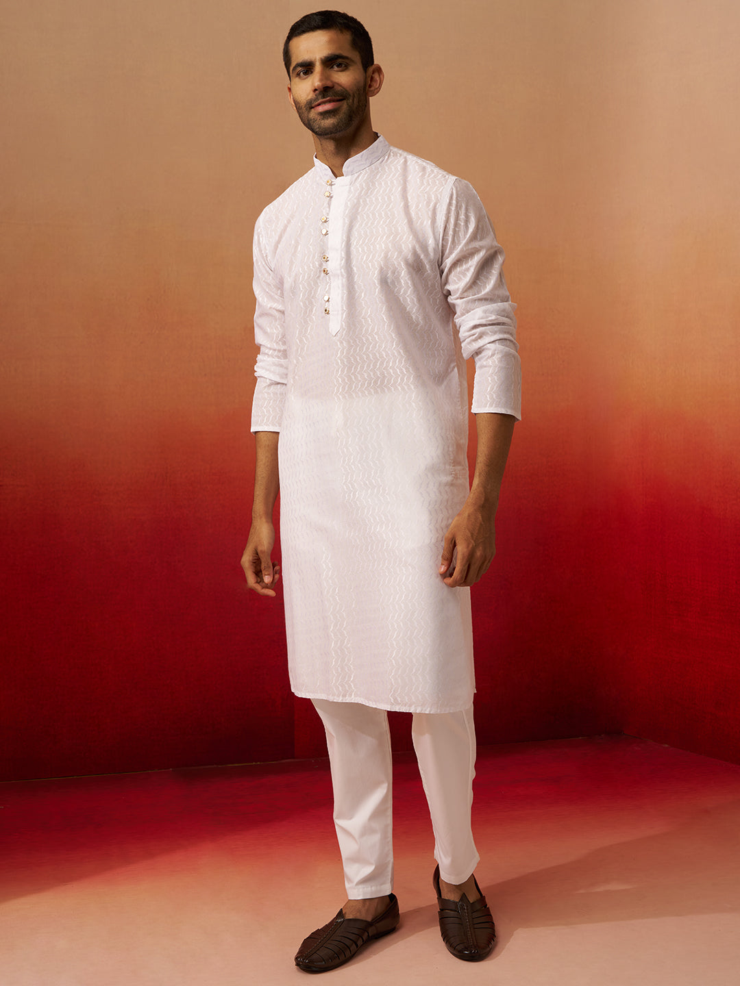 Men White Cotton Wave Pattern Jacquard Kurta