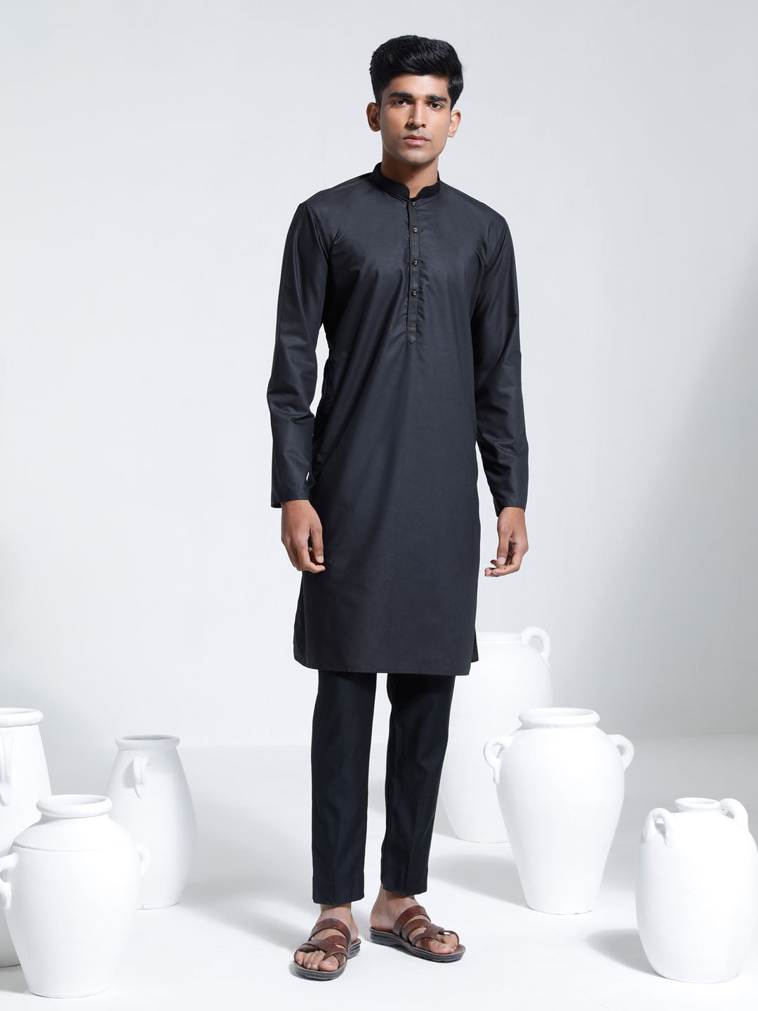 Sarvati Men's Black Cotton Silk Kurta And Pyjama Set