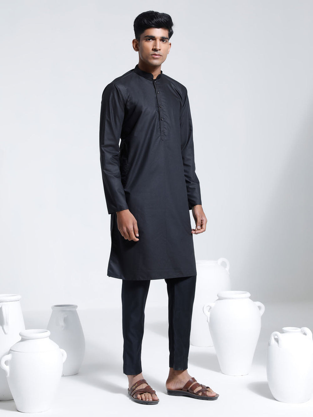 Sarvati Men's Black Cotton Silk Kurta And Pyjama Set