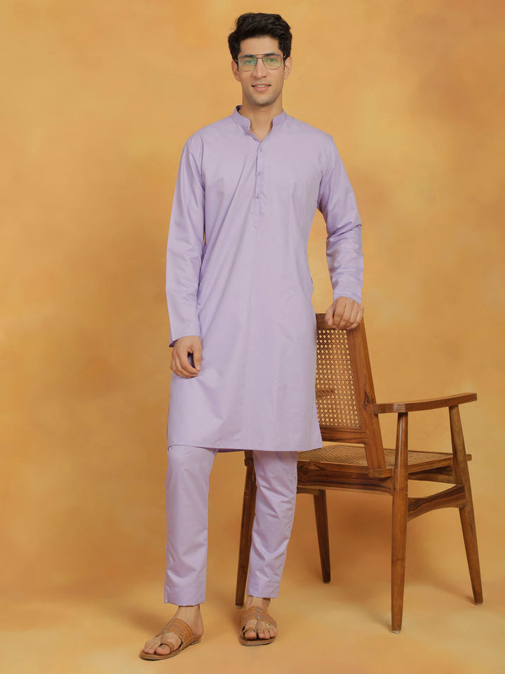 Sarvati Men's Lavender Cotton Silk Kurta And Pyjama Set