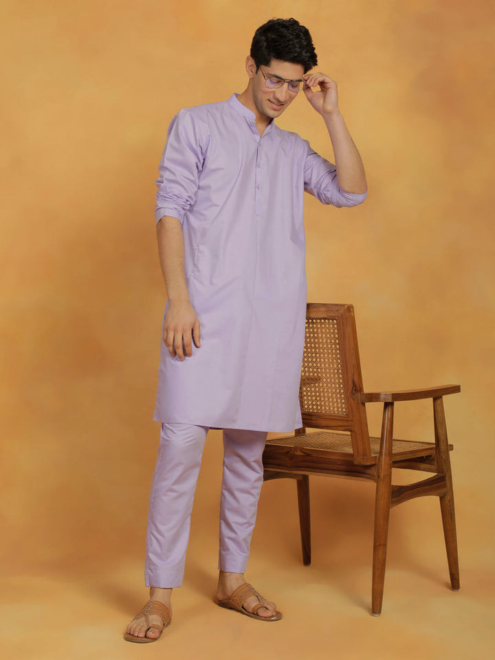 Sarvati Men's Lavender Cotton Silk Kurta And Pyjama Set