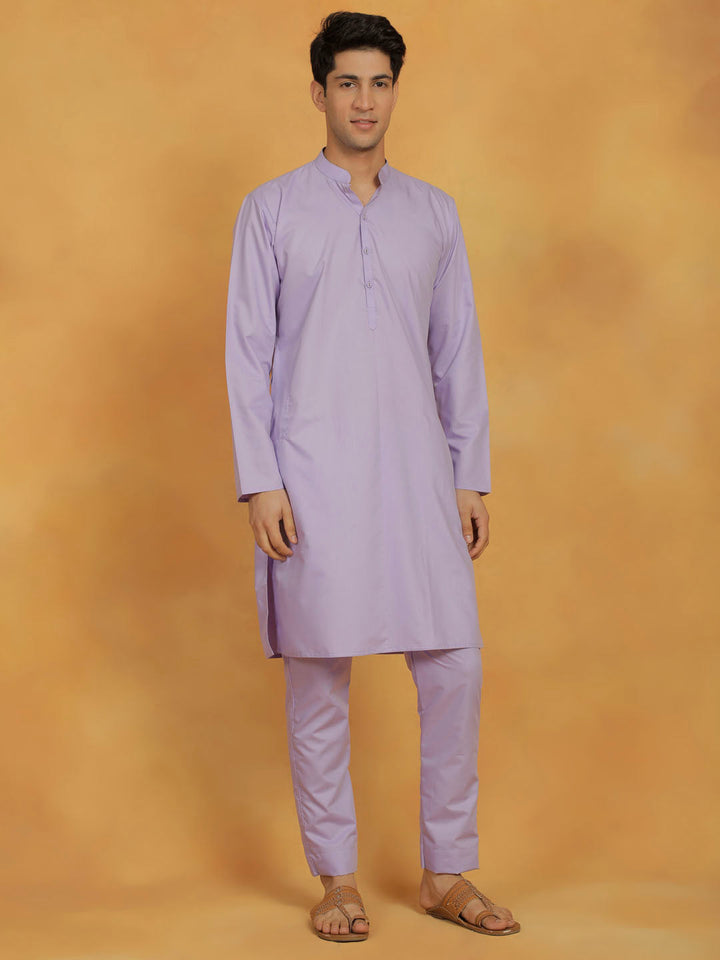 Sarvati Men's Lavender Cotton Silk Kurta And Pyjama Set