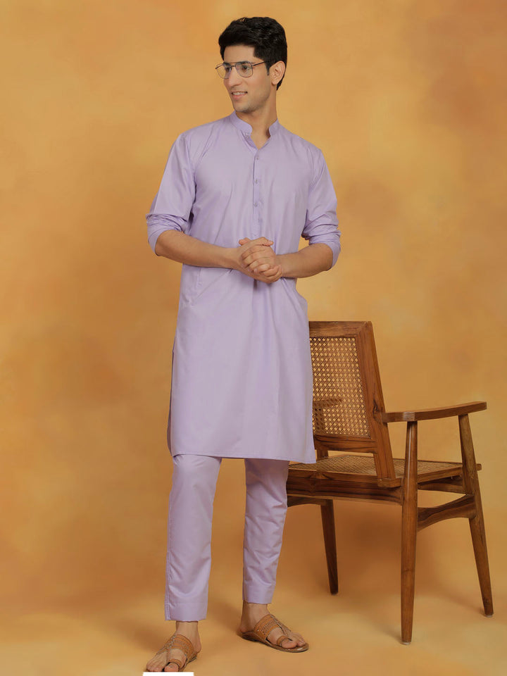 Sarvati Men's Lavender Cotton Silk Kurta And Pyjama Set