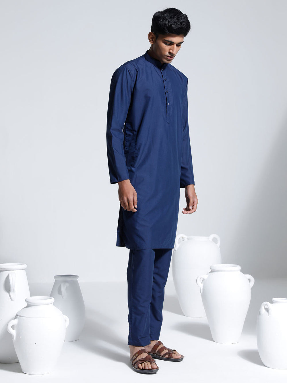 Sarvati Men's Navy Blue Cotton Silk Kurta And Pyjama Set