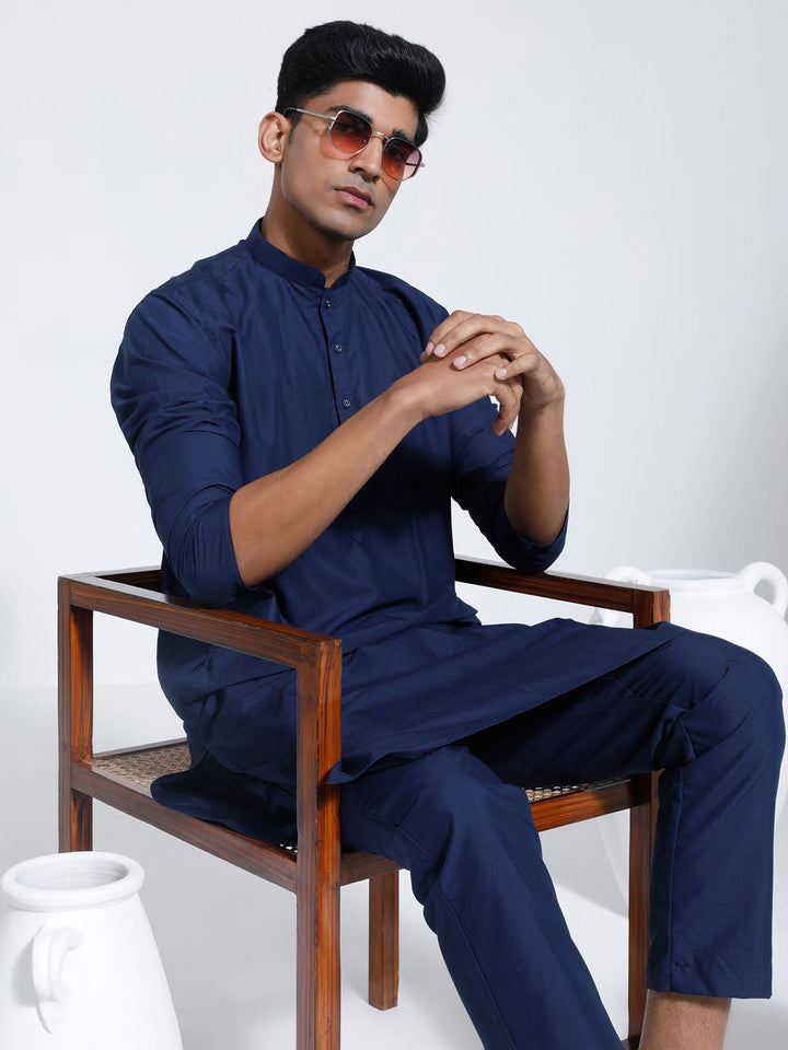 Sarvati Men's Navy Blue Cotton Silk Kurta And Pyjama Set