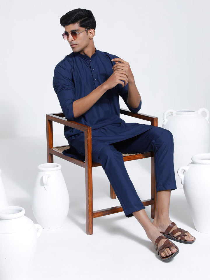 Sarvati Men's Navy Blue Cotton Silk Kurta And Pyjama Set