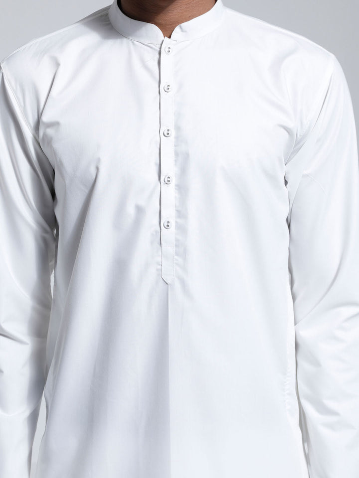 Sarvati Men's White Cotton Silk Kurta And Pyjama Set