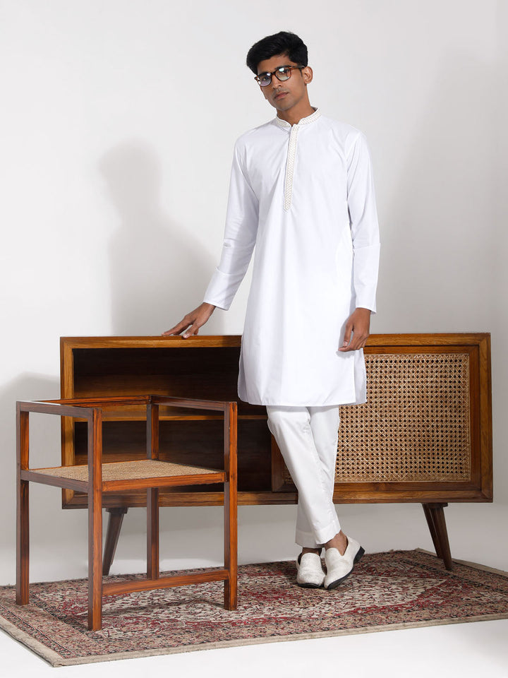 Sarvati Men's White Cotton Kurta Pyjama Set