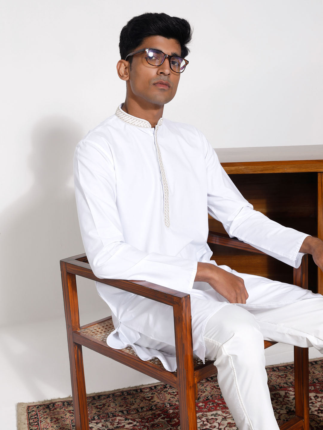 Sarvati Men's White Cotton Kurta Pyjama Set