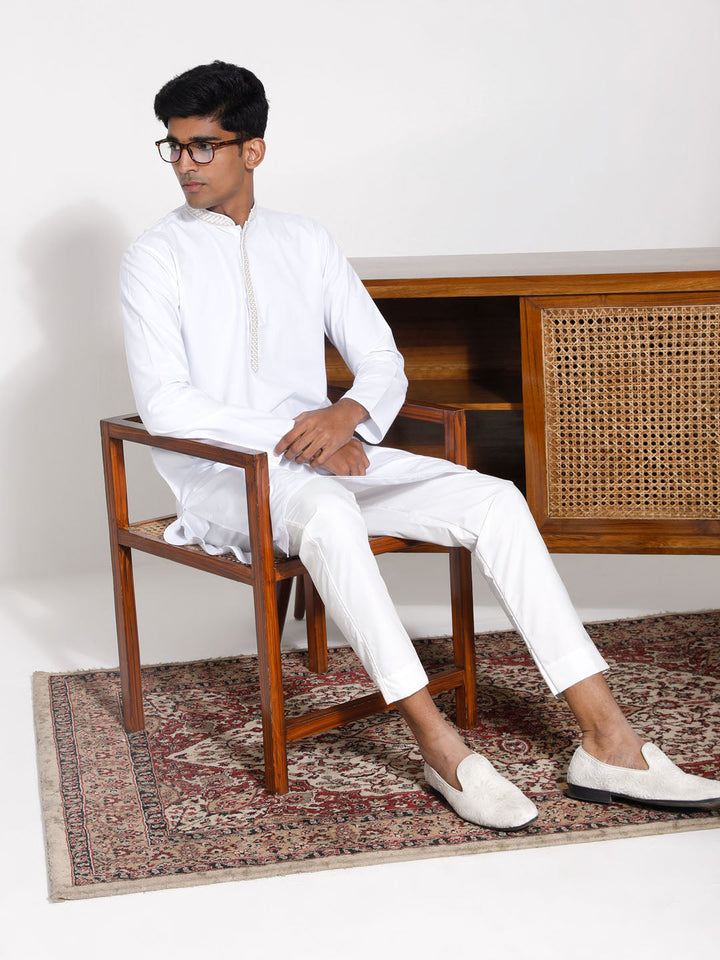 Sarvati Men's White Cotton Kurta Pyjama Set