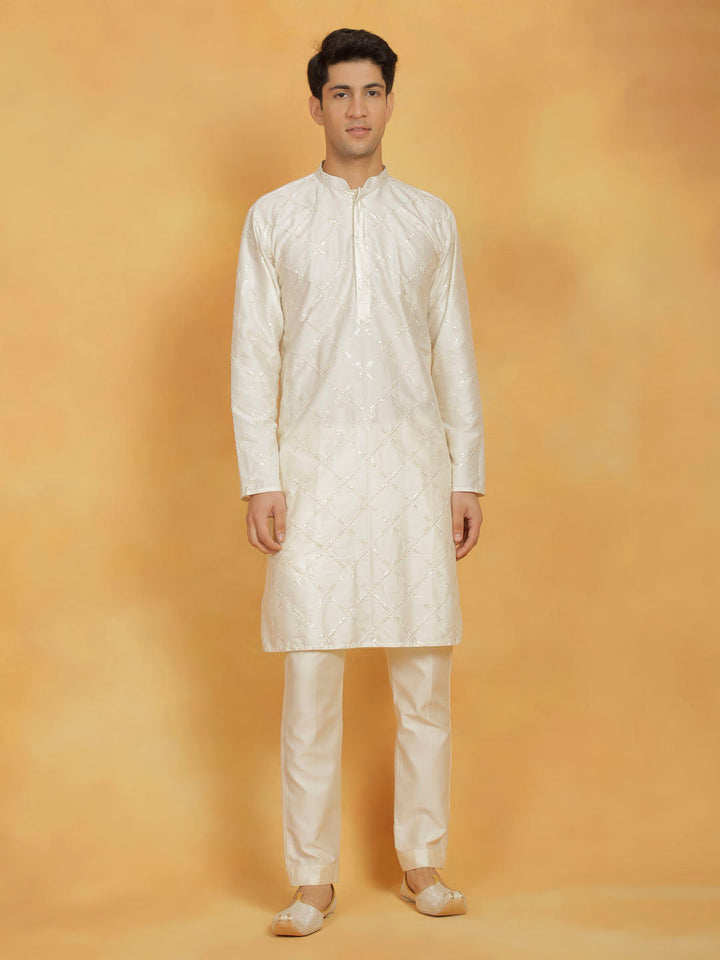 Sarvati Men's Cream Viscose Kurta And Pyjama Set