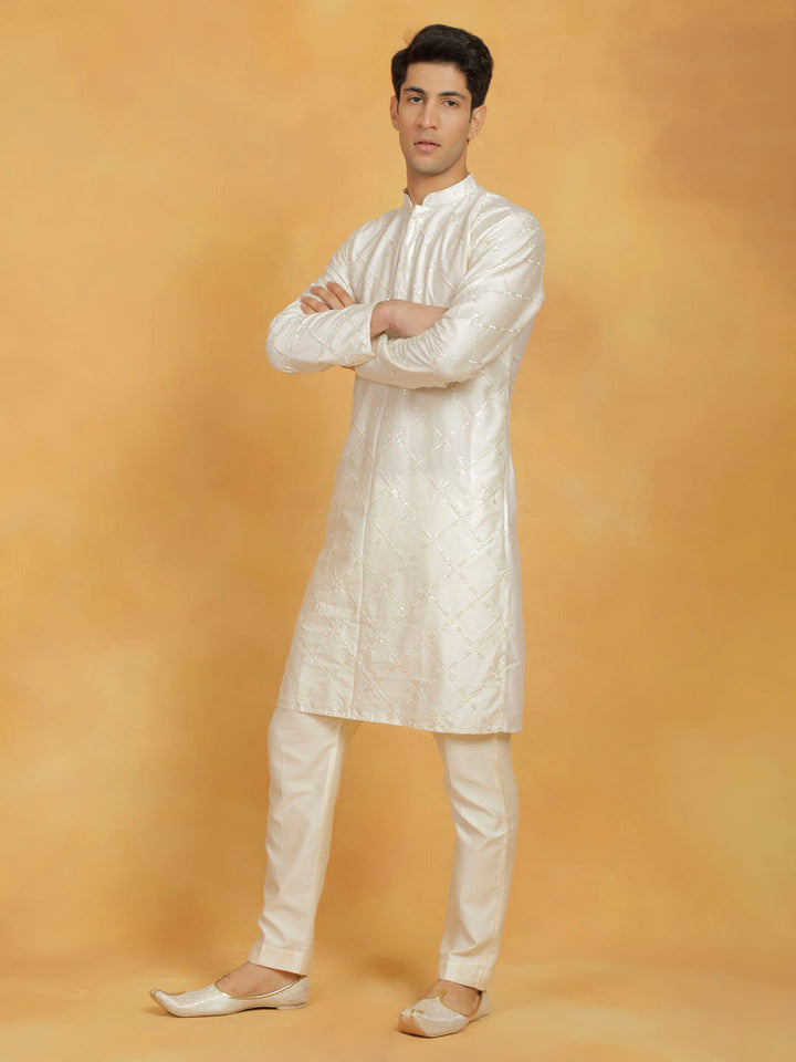 Sarvati Men's Cream Viscose Kurta And Pyjama Set