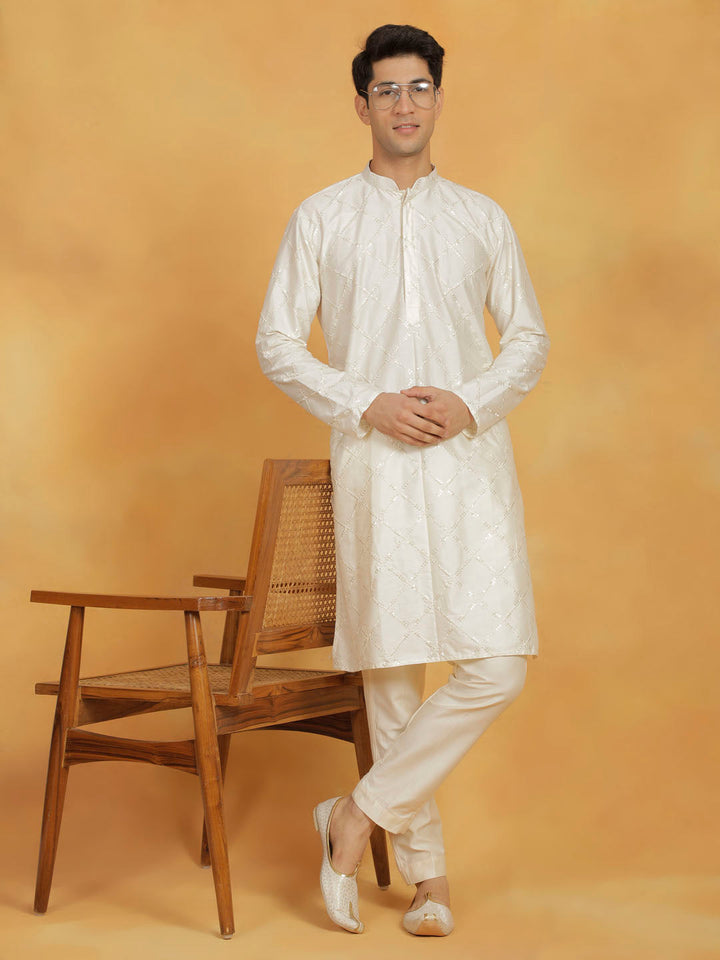 Sarvati Men's Cream Viscose Kurta And Pyjama Set