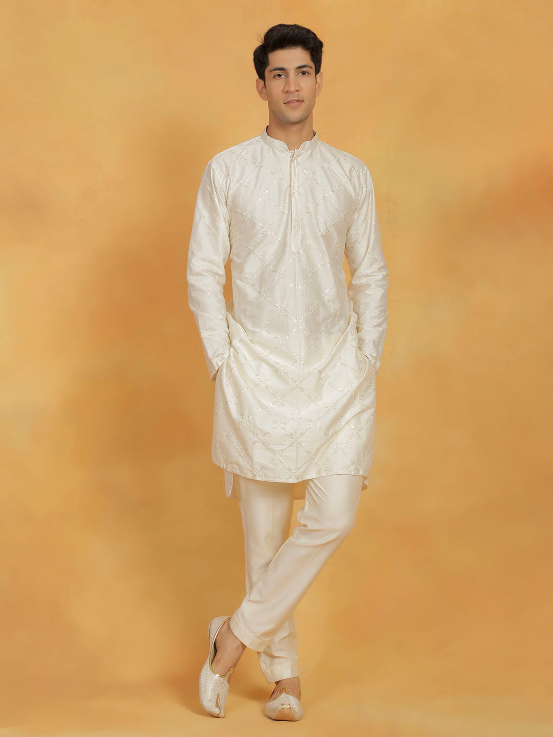 Sarvati Men's Cream Viscose Kurta And Pyjama Set