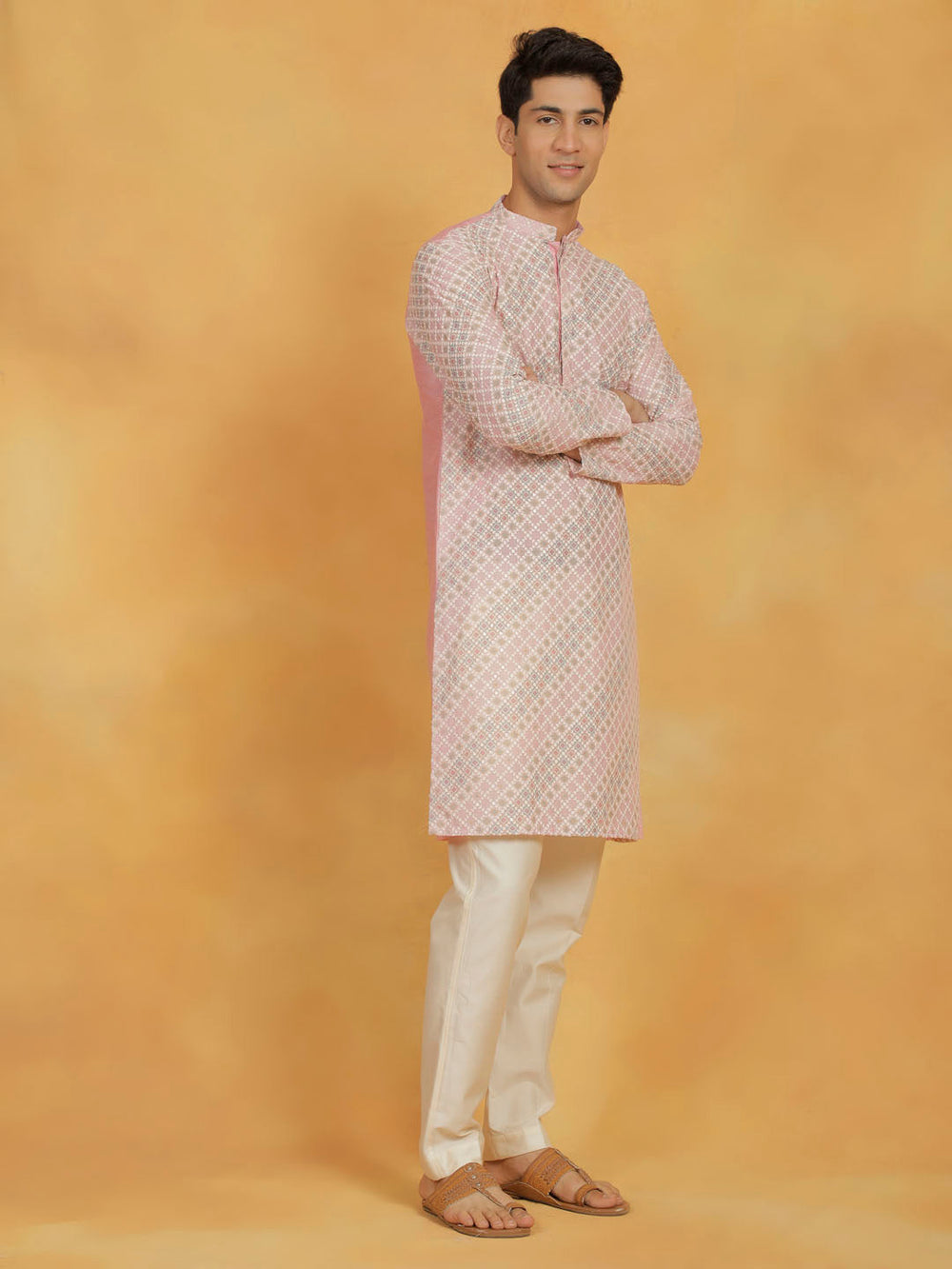 Sarvati Men's Pink Muslin Kurta And Pyjama Set