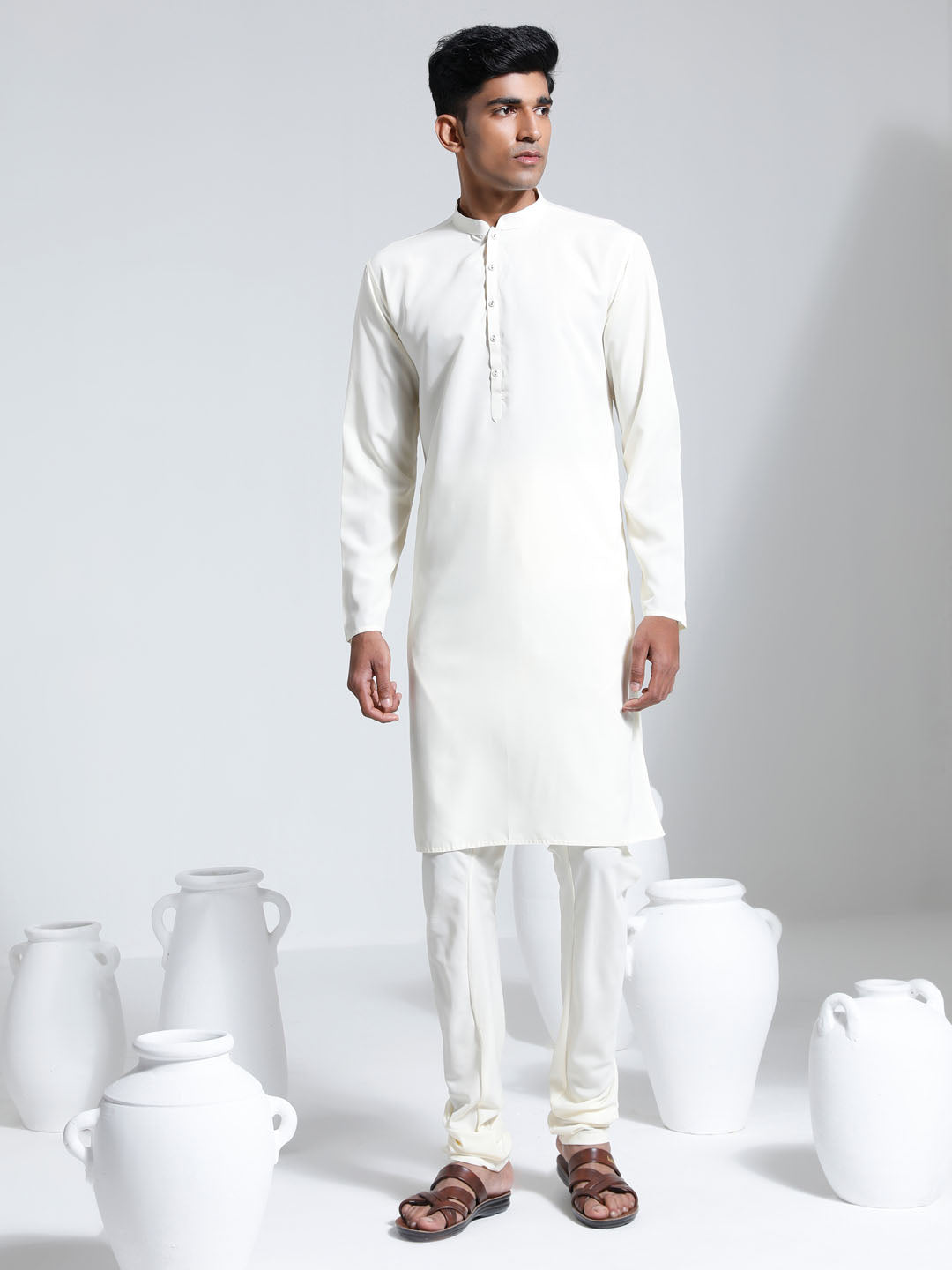 Sarvati Men's Cream Crepe Kurta And Pyjama