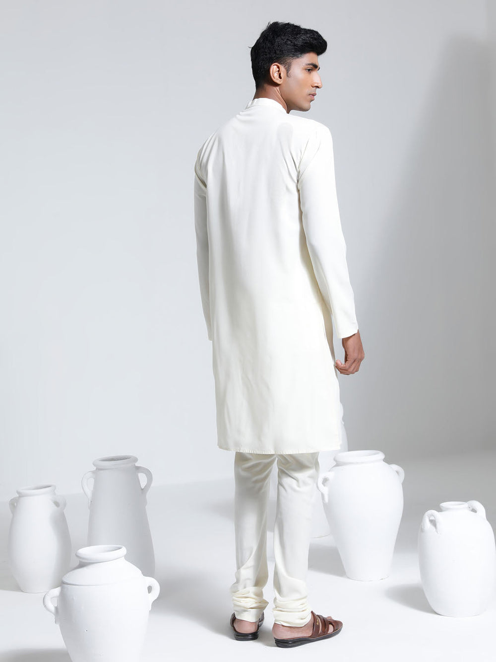 Sarvati Men's Cream Crepe Kurta And Pyjama