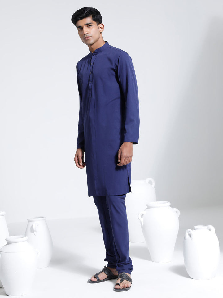 Sarvati Men's Navy Blue Crepe Kurta And Pyjama