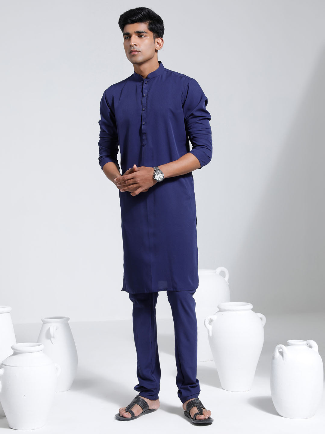 Sarvati Men's Navy Blue Crepe Kurta And Pyjama