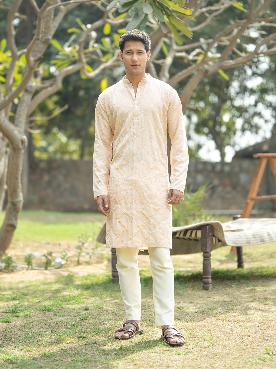 Sarvati Men's Peach And Cream Viscose Kurta And Pyjama Set