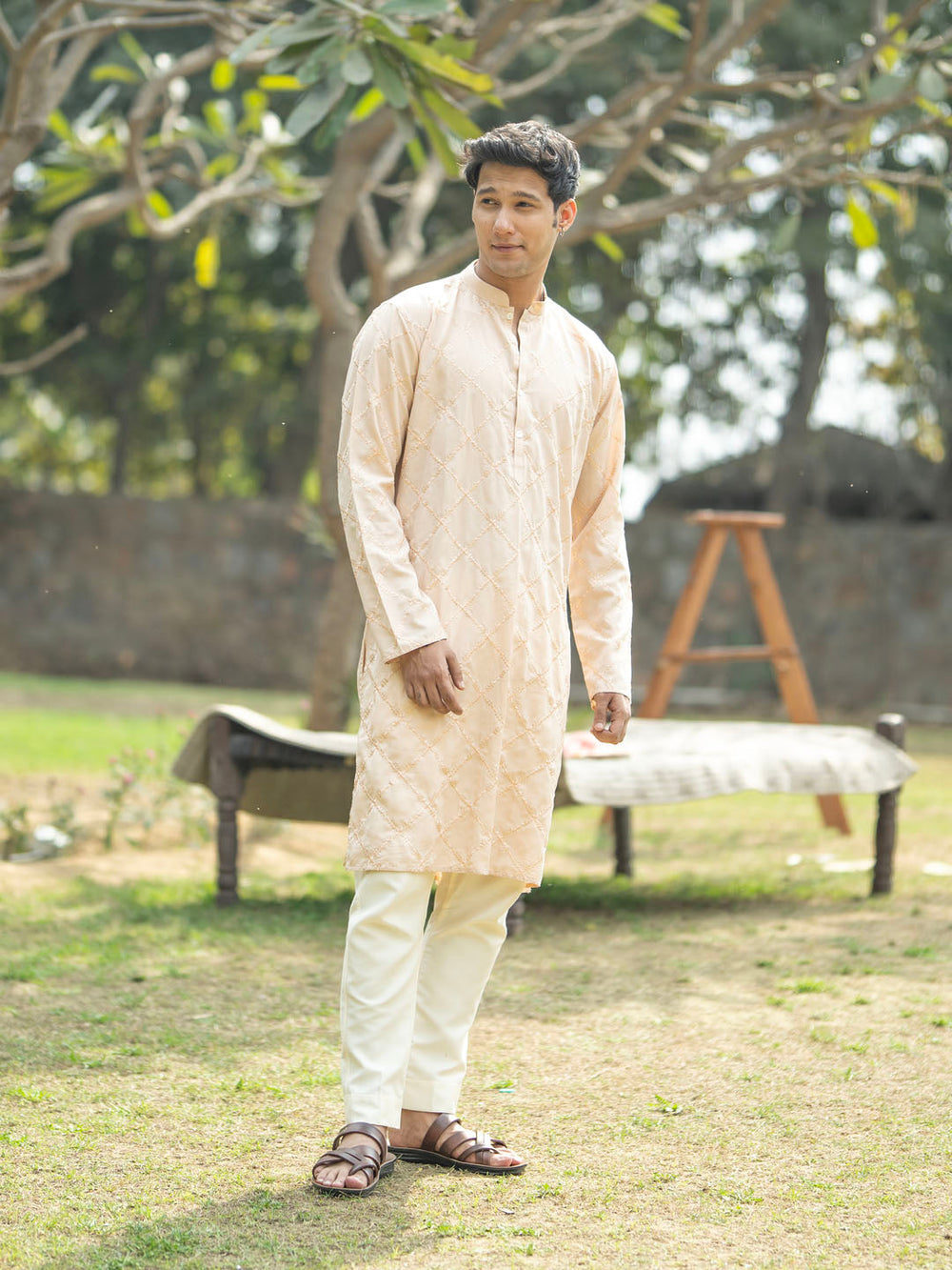 Sarvati Men's Peach And Cream Viscose Kurta And Pyjama Set