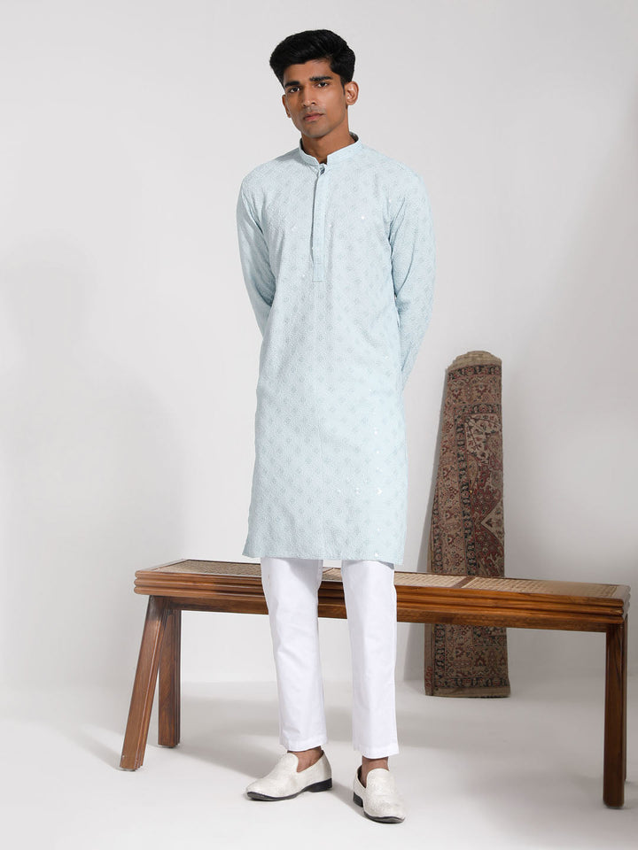 Sarvati Men's Aqua Rayon Kurta And Pyjama Set