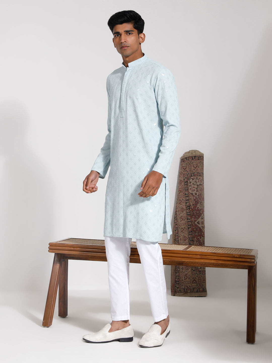 Sarvati Men's Aqua Rayon Kurta And Pyjama Set