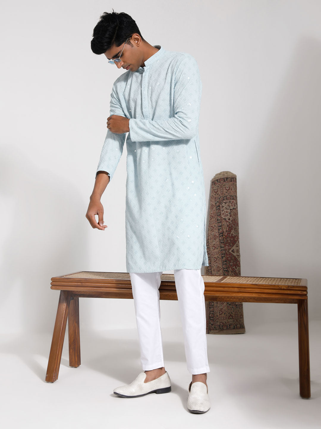 Sarvati Men's Aqua Rayon Kurta And Pyjama Set