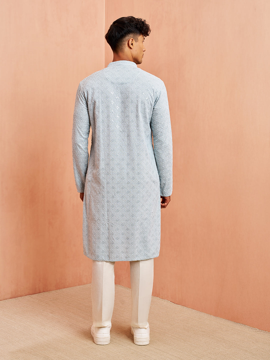 Men's Aqua Chikankari Kurta with Cream Pant Set