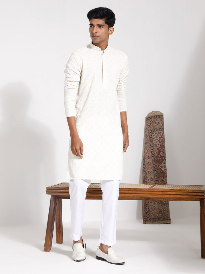 Sarvati Men's Cream Rayon Kurta And Pyjama Set