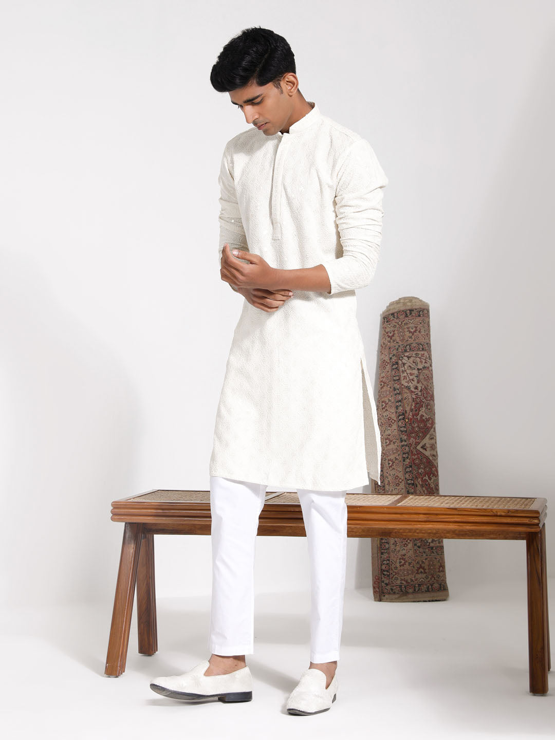 Sarvati Men's Cream Rayon Kurta And Pyjama Set