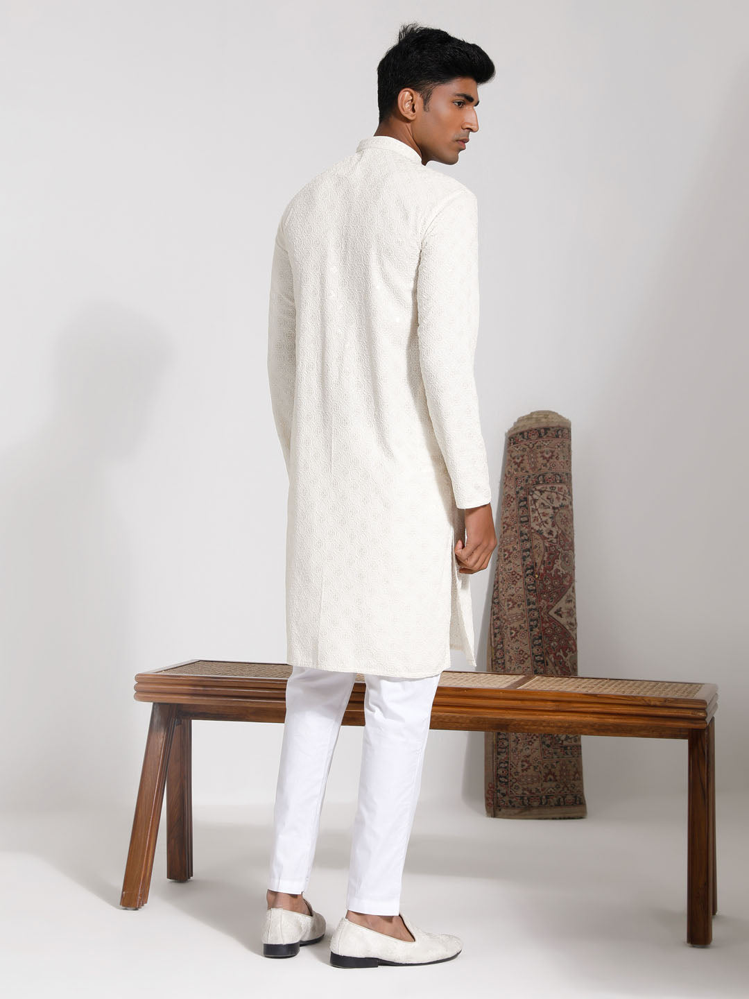 Sarvati Men's Cream Rayon Kurta And Pyjama Set