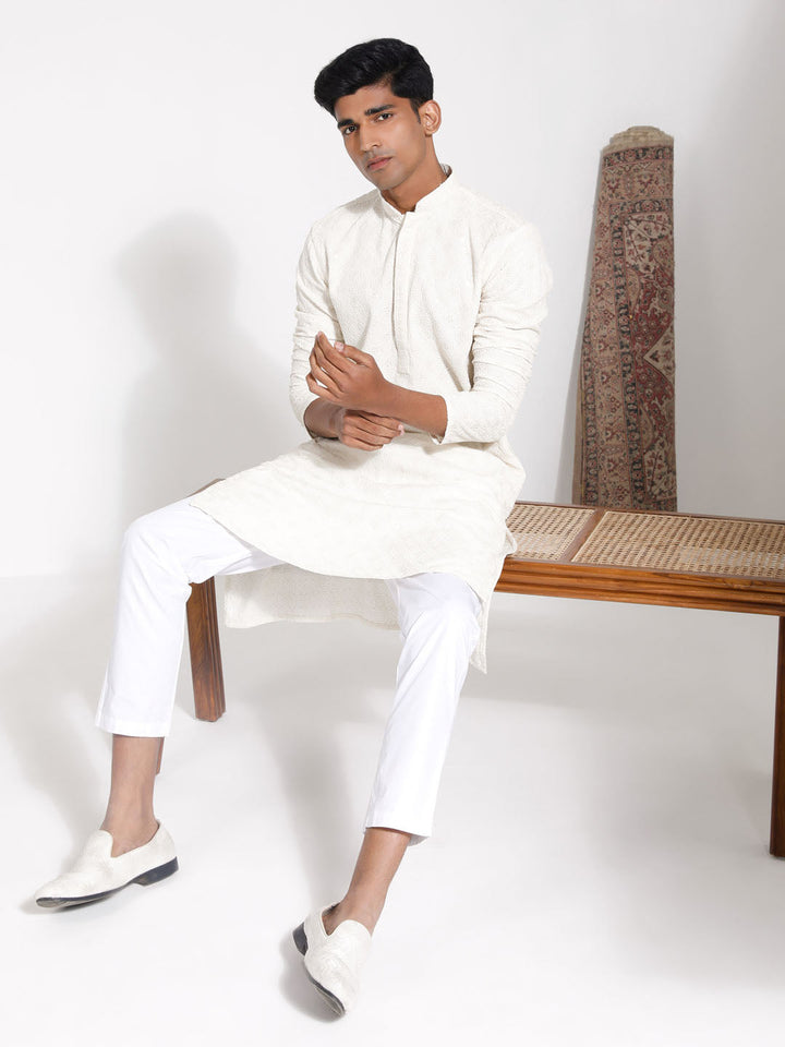 Sarvati Men's Cream Rayon Kurta And Pyjama Set