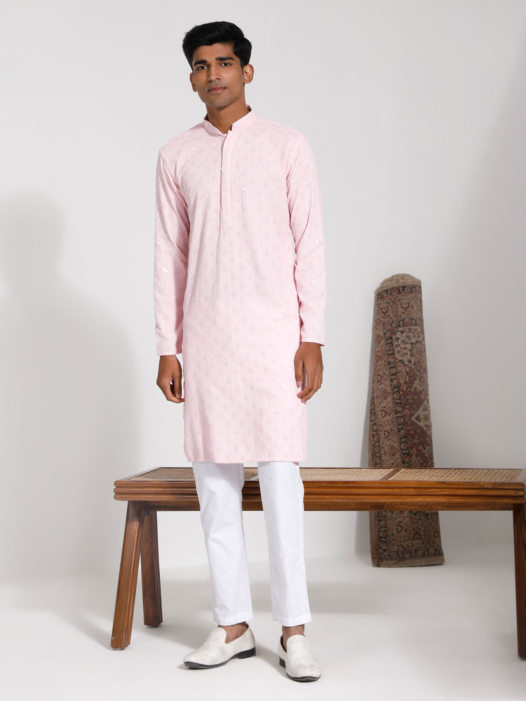 Sarvati Men's Pink Rayon Kurta And Pyjama Set