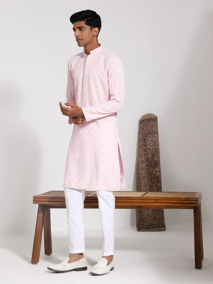 Sarvati Men's Pink Rayon Kurta And Pyjama Set