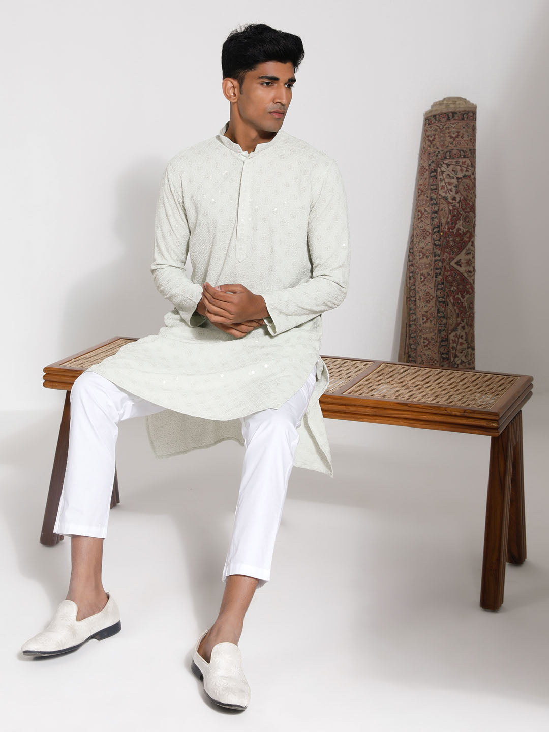 Sarvati Men's Pista Rayon Kurta And Pyjama Set