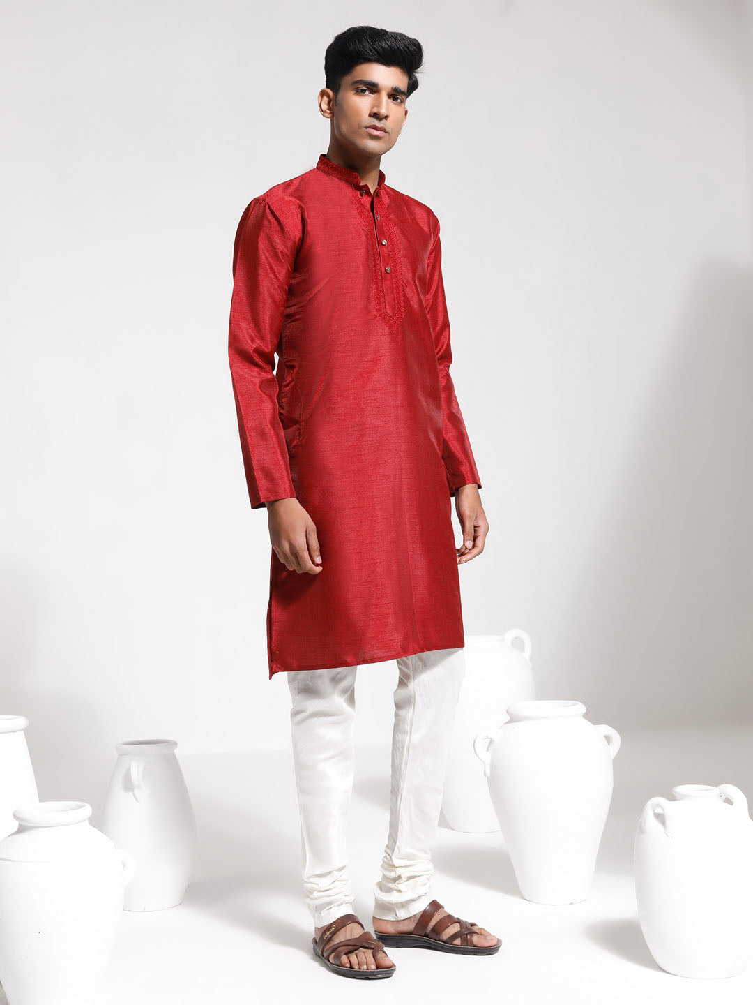 Sarvati Men's Maroon And Cream Dupion Silk Kurta Pyjama Set