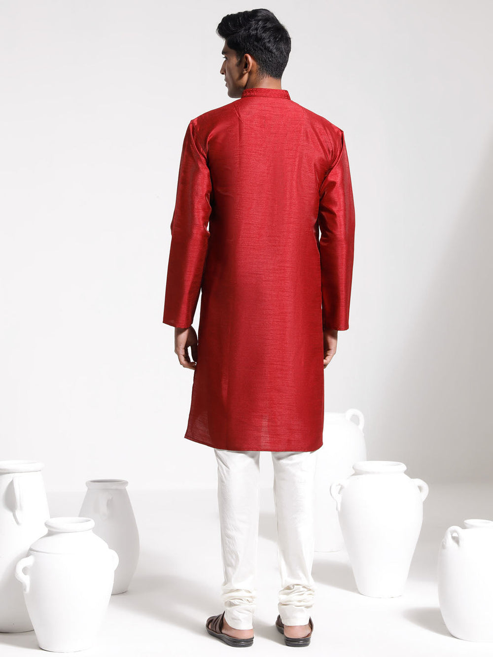 Sarvati Men's Maroon And Cream Dupion Silk Kurta Pyjama Set