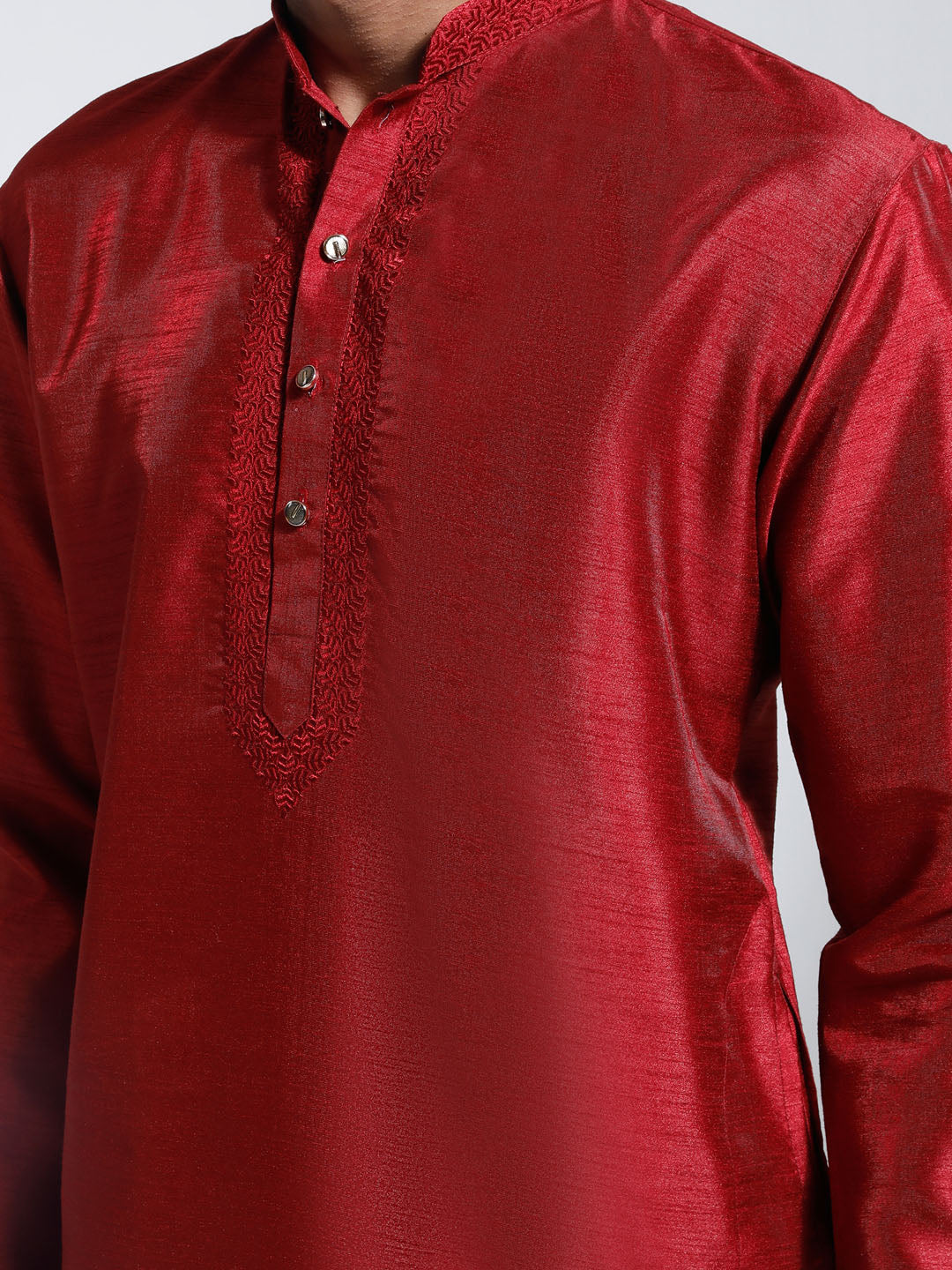 Sarvati Men's Maroon And Cream Dupion Silk Kurta Pyjama Set