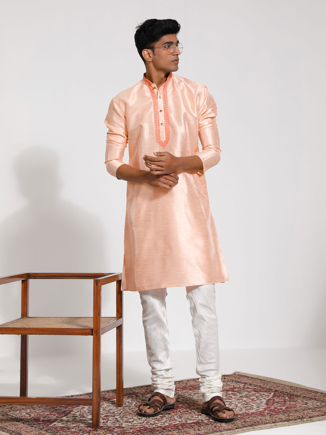 Sarvati Men's Peach And Cream Dupion Silk Kurta Pyjama Set