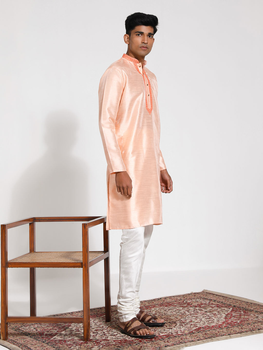 Sarvati Men's Peach And Cream Dupion Silk Kurta Pyjama Set