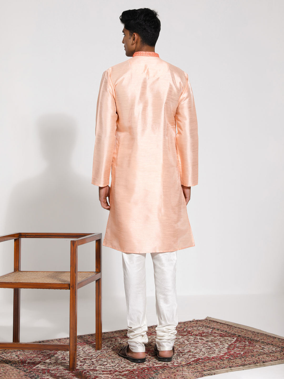 Sarvati Men's Peach And Cream Dupion Silk Kurta Pyjama Set