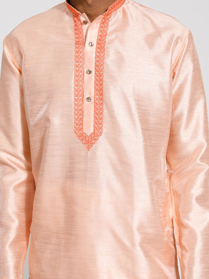 Sarvati Men's Peach And Cream Dupion Silk Kurta Pyjama Set