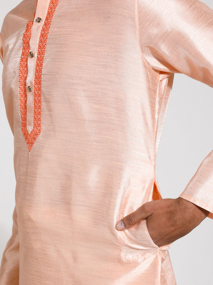 Sarvati Men's Peach And Cream Dupion Silk Kurta Pyjama Set