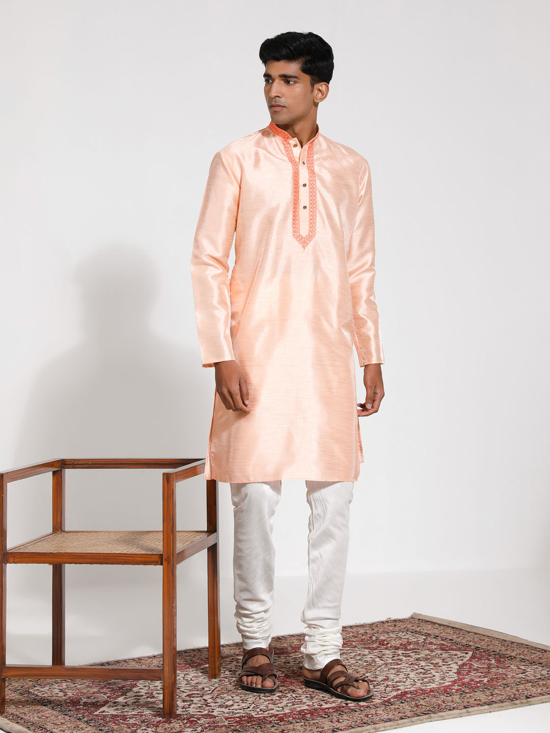 Sarvati Men's Peach And Cream Dupion Silk Kurta Pyjama Set