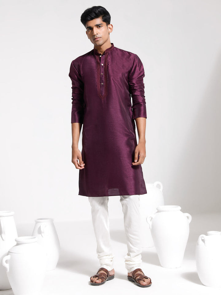 Sarvati Men's Wine And Cream Dupion Silk Kurta Pyjama Set